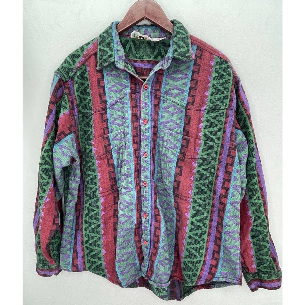 VTG Thumbs Up Western Shirt Mens L Aztec Pattern Cotton Button Up Cowboy 90s